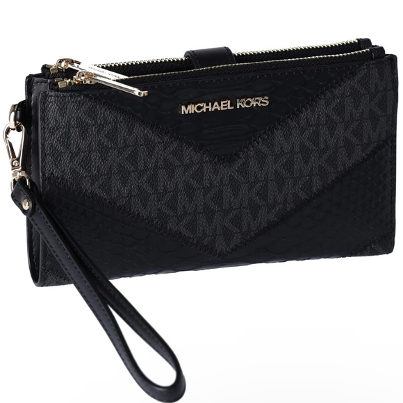 Michael Kors Jet Set Travel Large Double Zip Wallet MK Black Multi Python NWT - Picture 2 of 5